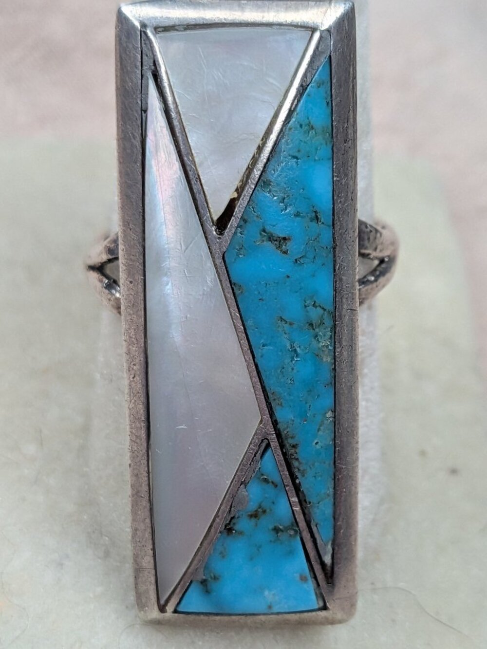 BK Spencer Navajo Sterling Silver Turquoise Mother of Pearl Inlay Ring 6.5